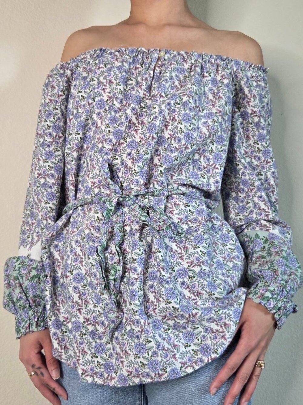Loft Off-The-Shoulder Floral Blouse with Tie-Waist - Small